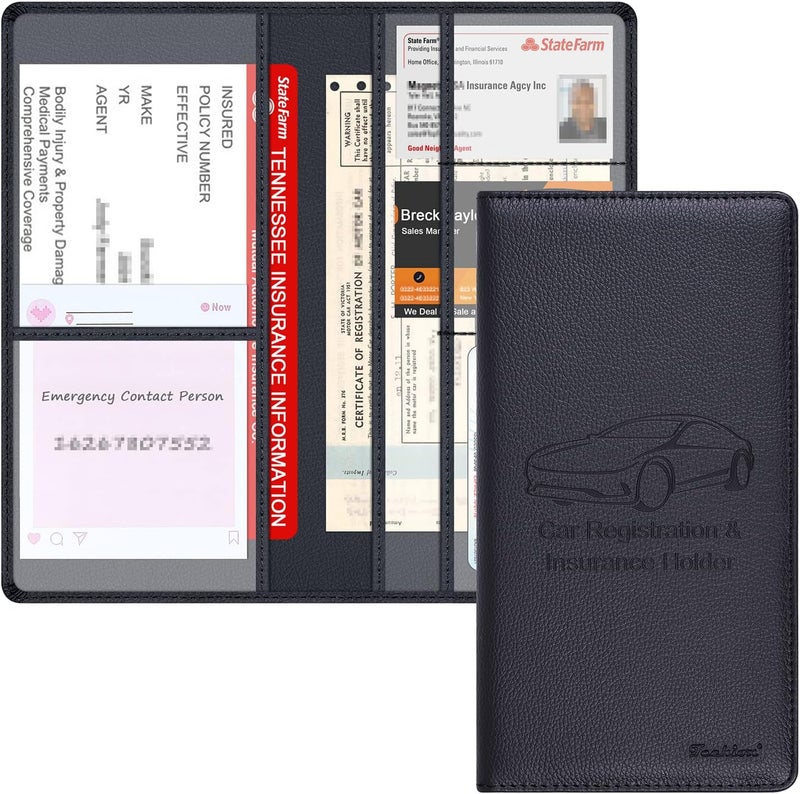 Techion Car Insurance and Registration Holder, 9.5 x 5 Inch PU Leather Vehicle Glove Box Organizer Wallet Case for Insurance Card, Driver License, Paperwork - Black - Image 1